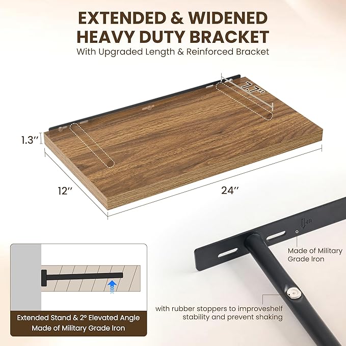 24" Floating Shelves for Wall, 12" Deep Slim Walnut Floating Shelves, Wall-Mounted Shelves for Bedroom, Living Room, Kitchen, Bathroom - Set of 2-CasaMuseHome