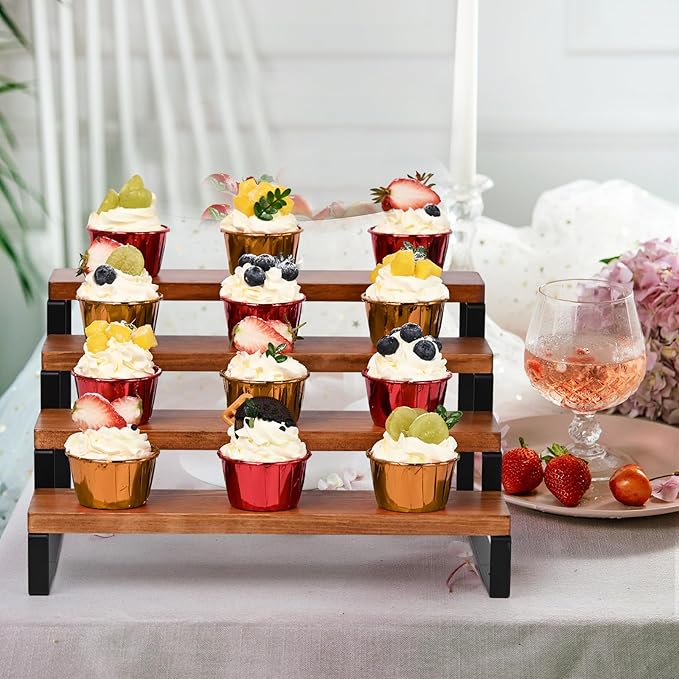 4 Tier Wooden Display Riser Stand Perfume Organizer with Metal Stand, Dessert Table Display Set, Food Display Stands for Party, Brown Rustic Solid Wood Shelf for Cupcakes, Perfume, Cologne, Spiece-CasaMuseHome
