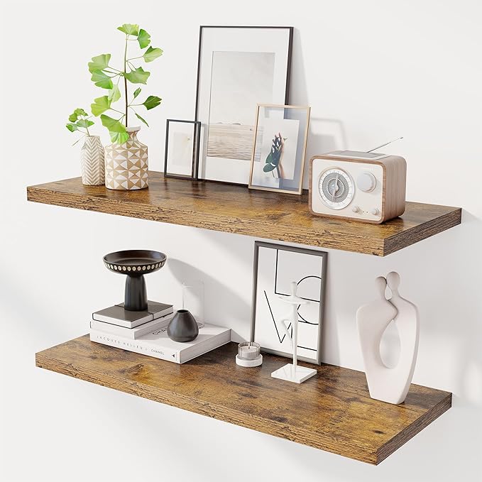 36" Floating Shelves for Wall, 12" Deep Slim Rustic Brown Floating Shelves, Wall-Mounted Shelves for Bedroom, Living Room, Kitchen, Bathroom - Set of 2-CasaMuseHome