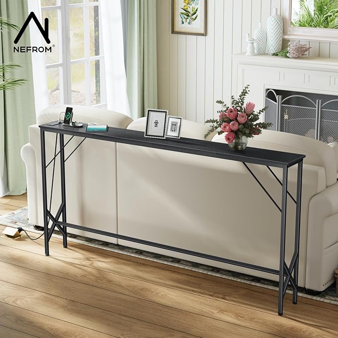 63'' Console Table, Skinny Entryway Table with Fast-Charging Station, Narrow Long Sofa Table, Behind Slim Couch Table for Entrance, Hallway, Living Room Decor ST-BK160-1-CasaMuseHome