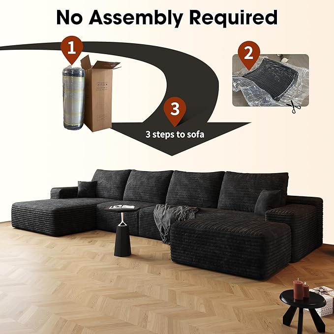 136" Sectional Couches for Living Room Modern Modular Sofa with L-Shape Couchs Upholstered Boneless Couch Deep Seat Sectional Couch with Chaise (Black, Left Facing Chaise+3Seaters+Ottoman)-CasaMuseHome