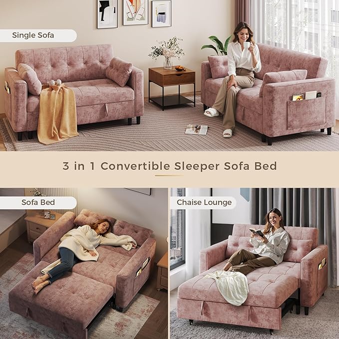 3 in 1 Convertible Sleeper Sofa Bed, Pull Out Couch Bed with Adjustable Backrest, Chenille Loveseat Couches with Side Pocket for Living Room, Bedroom (Pink)-CasaMuseHome