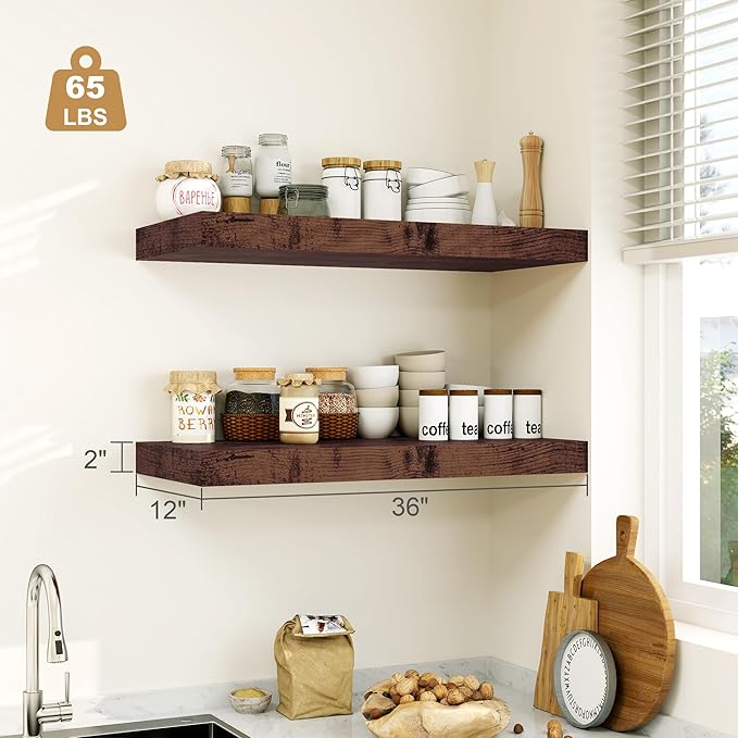 12" Deep Rustic Brown Floating Shelves,Over Toilet Long Wall Mounted Modern Farmhouse 36 inches,Wall Shelves with Invisible Brackets for Bedroom, Bathroom, Living Room, Kitchen, Set of 1-CasaMuseHome