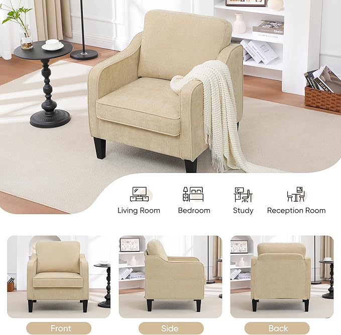 Accent Chair for Living Room, Mid Century Modern Reading Chair for Bedroom, Upholstered Armchair with Side Pockets, Comfy Single Sofa Side Chair for Office, Apartment, Small Room, Light Brown-CasaMuseHome