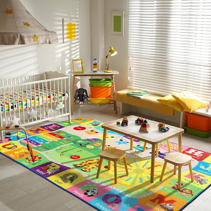 7x10 Playroom Rugs for Kids Washable, Educational and Fun Playmat with ABC Alphabet Animals Shapes Colors, Non-Slip Play Mat Learning Rugs for Baby Toddler Children Game Activity-CasaMuseHome