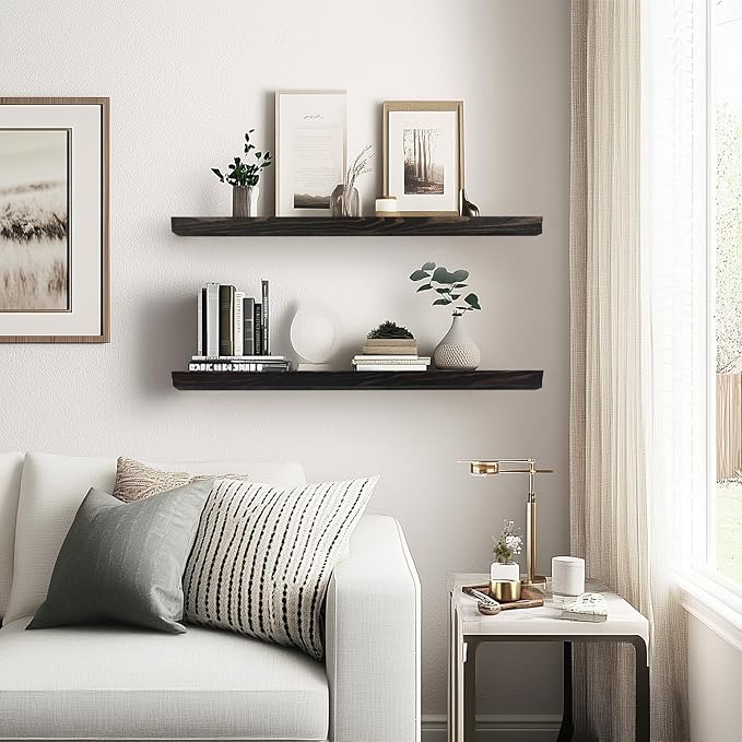 24"x6.8"x1.2" Solid Wood Floating Shelves 2-Pack - Rustic Black Finish with Hidden Brackets, Perfect for Storage and Décor in Living Room, Kitchen, Bedroom-CasaMuseHome