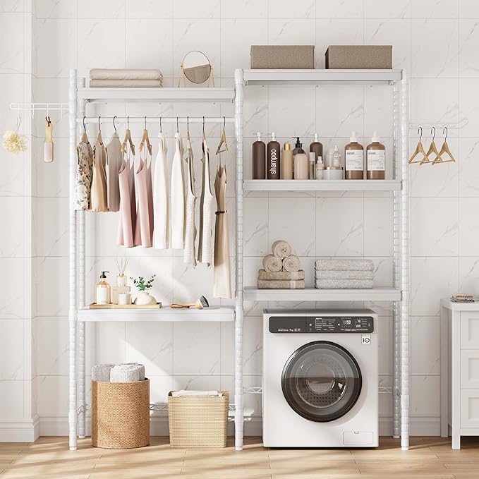 5-Tier Over-The-Washer Shelf - Adjustable 28" Laundry Organizer with 100lb Double Wood Shelves, Space-Saving Storage Unit for Small Homes (White)-CasaMuseHome