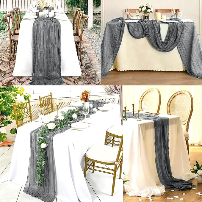 12 Pack Gray 10FT Cheesecloth Table Runner Rustic Gauze Fabric Cheese Cloth Table Runner for Wedding Bridal Baby Shower Table Decor 20 x 120 Inch Long Boho Sheer Birthday Party Table Decorations-CasaMuseHome