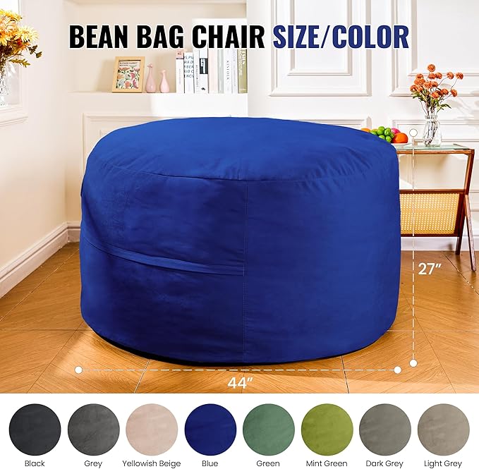 4FT Bean Bag Chair: Bean Bag with Velvet Cover, Fluffy and Comfy Bean Bag Chairs for Adults and Kids, Bean Bag Sofa Filled with High-Density Sponge for Gaming (Blue)-CasaMuseHome
