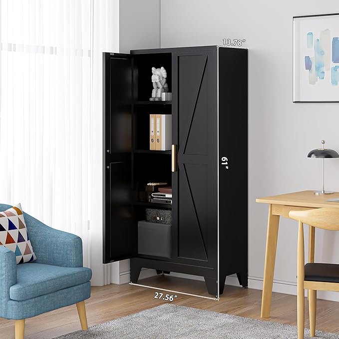 61" Tall Farmhouse Metal Pantry Cabinet, Kitchen Pantry Storage Cabinets with 2 Barn Door and Adjustable Shelves,Metal Pantry Storage Cabinet,for Kitchen,Laundry Room,Home Office,Kids Room (Black)-CasaMuseHome