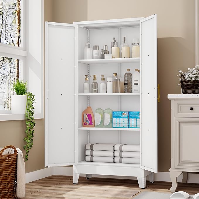 61" H Metal Kitchen Pantry Storage Cabinet, Freestanding Cupboard with 2 Doors and 3 Adjustable Shelves, Standing Storage for Kitchen, Bathroom, Garage, Dinning Room or Utility Room（White）-CasaMuseHome