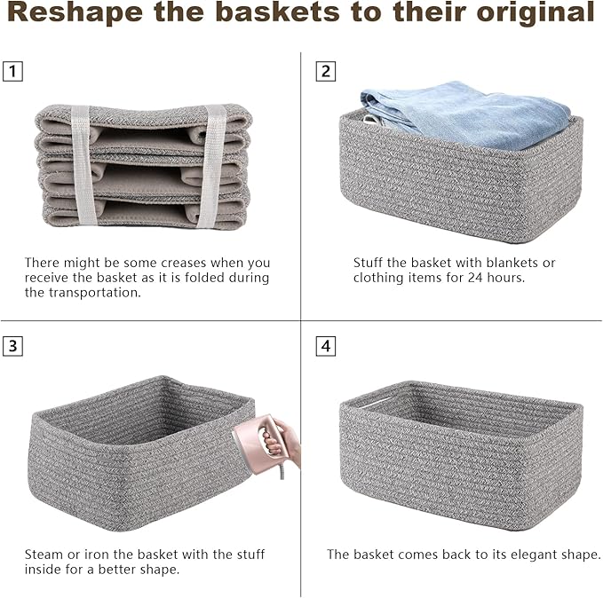 3 Pack Small Storage Baskets for Organizing, Cute Woven Decorative Gift Baskets for Shelves, Mini Closet Organizer Bins with Handles, 11.81''Lx7.87''Wx4.72''H-Grey-CasaMuseHome