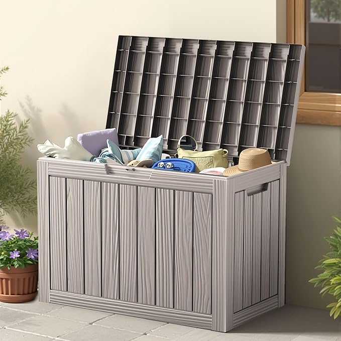 45 Outdoor Storage Box, Waterproof Resin Deck Box with Side Handles, Lockable Outdoor Bench for Indoor & Outdoor Use, Storage Bin for Patio Cushions, Garden Tools, Package Delivery, Grey-CasaMuseHome
