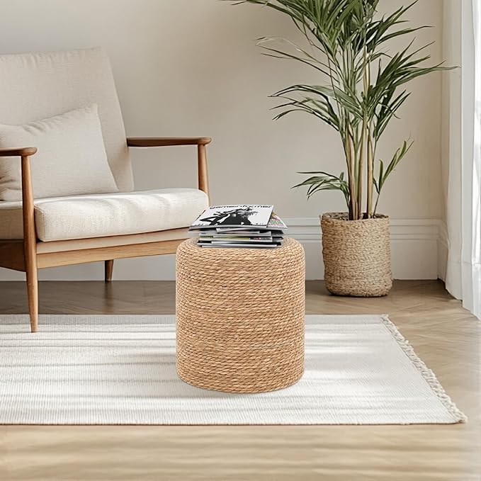 16'' Round Ottoman Natural Seagrass Braided Poof Hand Weaving Round Ottomans Boho Footrest Stool for Home Living Room Bedroom Patio(Natural)-CasaMuseHome