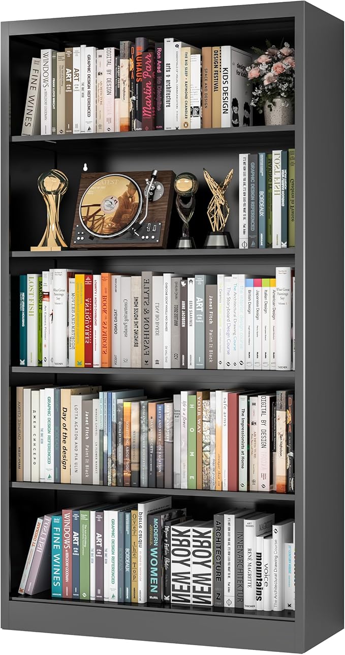 66" Tall Metal Bookcase, 5 Shelf Black Bookcase with Adjustable Shelves, Large Bookshelves and Bookcases, Modern Book Shelf Storage Organizer for Living Room, Home Office, Library (Black)-CasaMuseHome