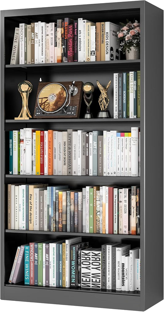 66" Tall Metal Bookcase, 5 Shelf Black Bookcase with Adjustable Shelves, Large Bookshelves and Bookcases, Modern Book Shelf Storage Organizer for Living Room, Home Office, Library (Black)-CasaMuseHome