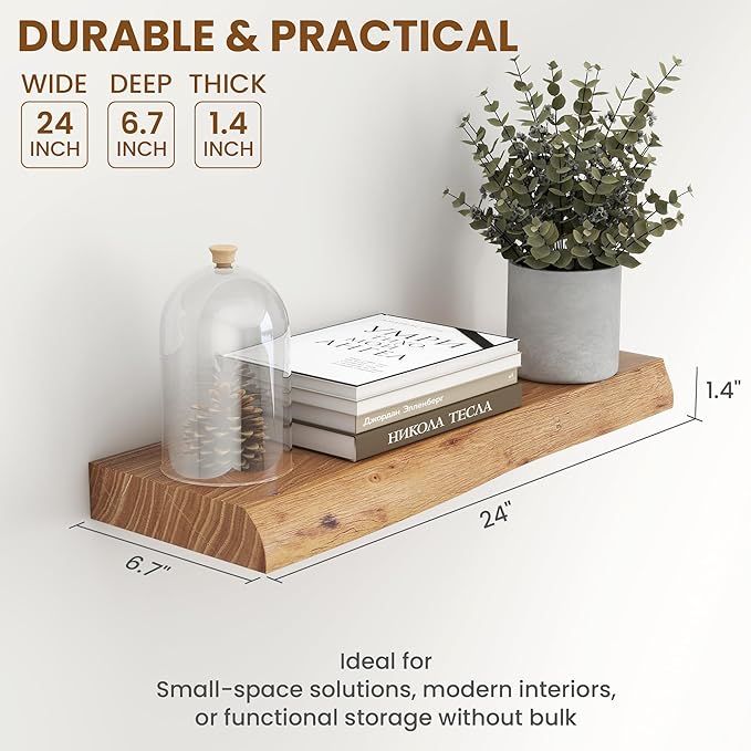 24" Floating Shelves, Live Edge Solid Elm Wood Floating Shelf, Wall Mounted Display Shelves with Heavy-Duty Bracket for Books, Rustic Wooden Shelf for Kitchen, Bathroom, Natural Color, Set of 2-CasaMuseHome