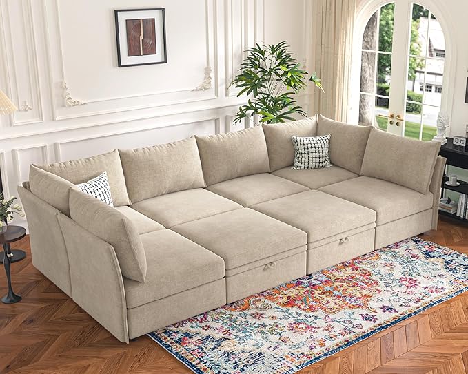 136.4" Oversized Modular Sectional Sleeper Sofa Bed, U Shaped Convertible Couch with Movable Ottoman, Large 8 Seat Corner Couches for Living Room Deep Seat Beige Chenille-CasaMuseHome