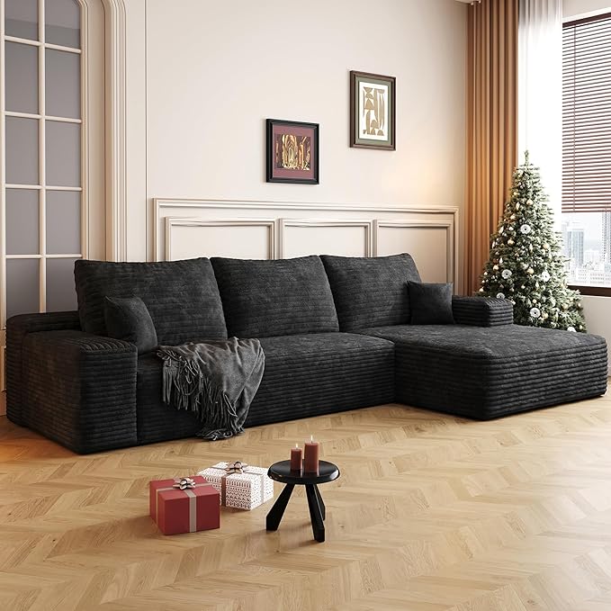 108" Sectional Couches for Living Room Modern Modular Sofa with L-Shape Couchs Upholstered Boneless Couch Deep Seat Sectional Couch with Chaise (Black, Right Facing Chaise+2Seaters)-CasaMuseHome
