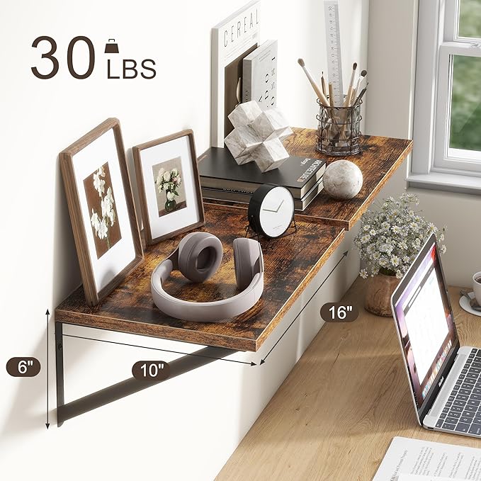 10 Inch Deep Floating Shelves, Floating Shelf 16 Inch Long, 16"W x 10"D Wall Shelves Set of 2, Deep Shelf for Books, Wide Floating Shelves for Bahtoom, Living Room, Kitchen, Rustic Brown-CasaMuseHome