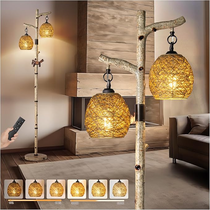 68.5" Rustic Farmhouse Remote Control Switch Birch Tree Floor lamp with Bird Nest Lantern Shade Vintage Standing Lamp for Living Room Bedroom Hotel Bar Office Wood House(Bulb Included)-CasaMuseHome
