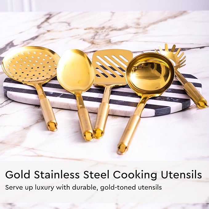 Gold Kitchen Utensils Set - 19-Piece Set Includes Stainless Steel Gold Utensils, White Silicone Tools, and Measuring Cups and Spoons - Luxury Kitchen Accessories for Modern Cooking, Serving, & Gifting-CasaMuseHome