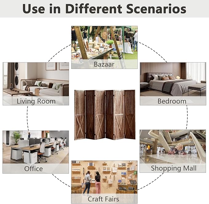 6 Panel Pegboard Room Divider, 5.6Ft Pegboard Display Folding Privacy Screens, Wood Room Divider Peg Board Display Freestanding for Trade Show Craft Show Home Wall Organizer, Brown-CasaMuseHome