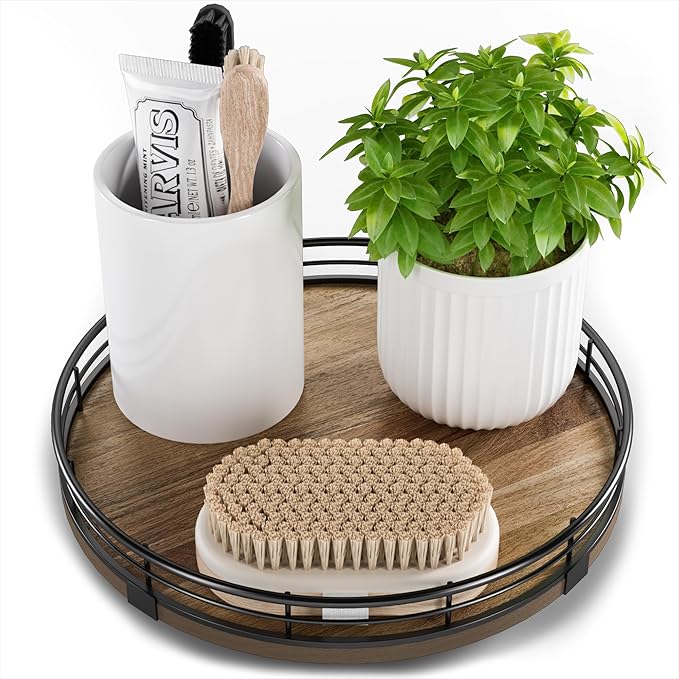 Acacia Wood 9" Bathroom Vanity Tray Turntable, Farmhouse Round Bathroom Countertop Organizer for Soap Perfume, Rotating Organizer for Kitchen Table Centerpieces, Decorative Trays for Coffee Table-CasaMuseHome