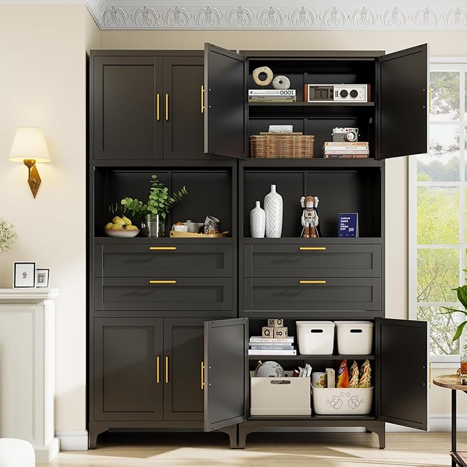 75” Tall Kitchen Pantry Storage Cabinet, Metal Storage Cabinet with 2 Drawers and Adjustable Shelves, Kitchen Pantry Cupboard, Freestanding Cupboard for Bathroom, Living Room(Black)-CasaMuseHome