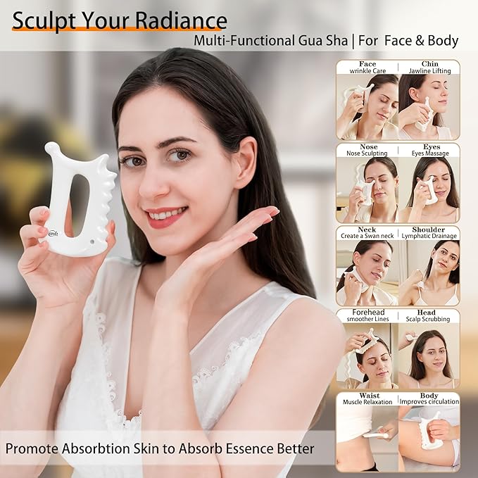 6-in-1 Ceramic Gua Sha Tool for Face & Body - Manual Facial Massage for Lymphatic Drainage, Jaw Lifting, Puffiness Care, Neck Massage for Stress Relief at Home, Self Care Gift for Mum Wife White-CasaMuseHome