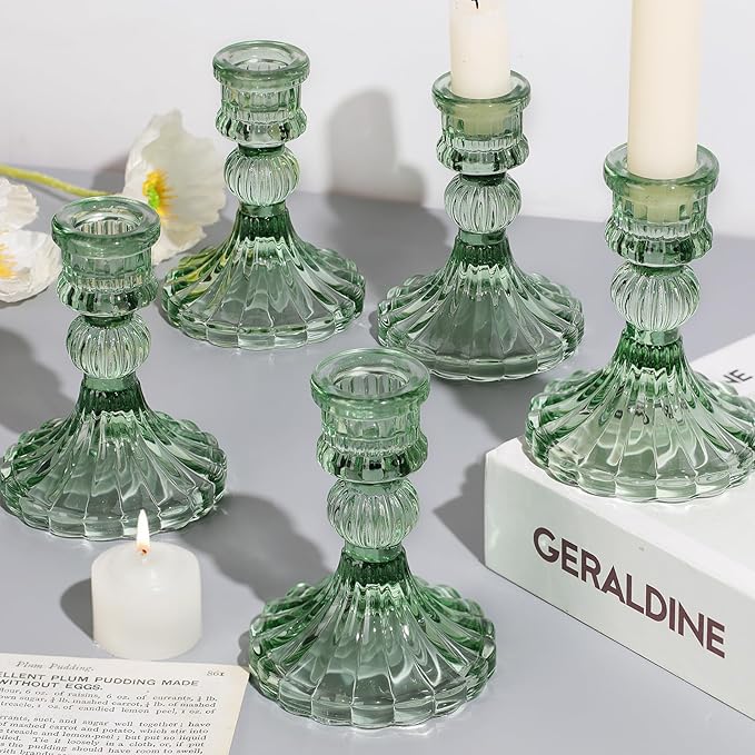 12PCS Green Candlestick Holders Set- 4" H Taper Candle Holders, Glass Candle Holders Bulk for Wedding, Party, Home Table Centerpieces, Festival Gifts & Windowsill Decor-CasaMuseHome