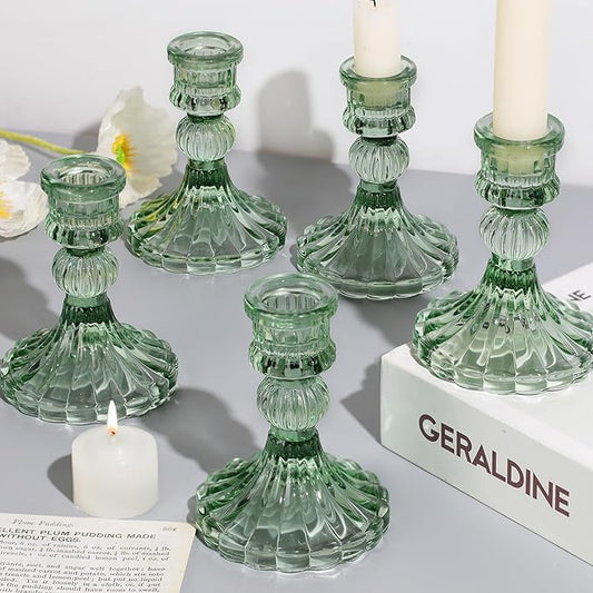 12PCS Green Candlestick Holders Set- 4" H Taper Candle Holders, Glass Candle Holders Bulk for Wedding, Party, Home Table Centerpieces, Festival Gifts & Windowsill Decor-CasaMuseHome