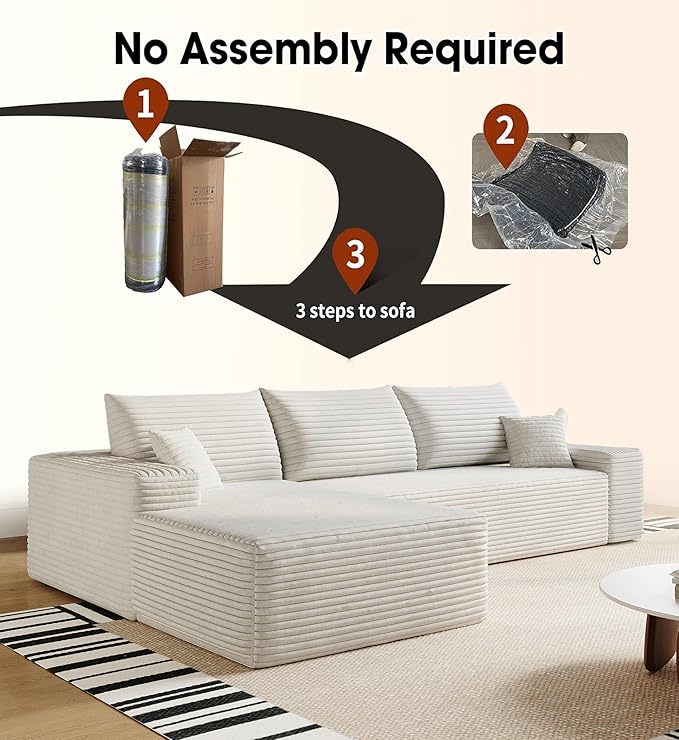 108" Sectional Couches for Living Room Modern Modular Sofa with L-Shape Couchs Upholstered Boneless Couch Deep Seat Sectional Couch with Chaise (White, Left Facing Chaise+2Seaters)-CasaMuseHome