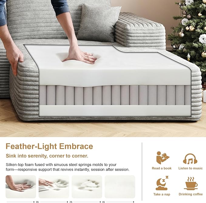 136" Sectional Couches for Living Room Modern Modular Sofa with L-Shape Couchs Upholstered Boneless Couch Deep Seat Sectional Couch with Chaise (Grey, Right Facing Chaise+3Seaters+Ottoman)-CasaMuseHome