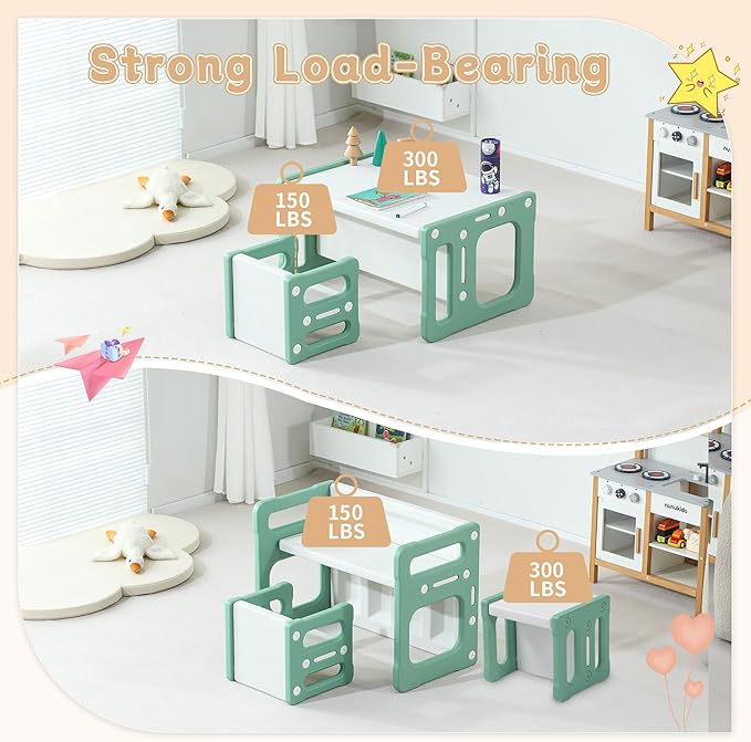 3 in 1 Montessori Weaning Table and 2 Chairs Set, Kids Activity Table Set, 2 Height Levels, Toddlers Activity Table for Drawing, Dining, Reading and Playing, Green-CasaMuseHome
