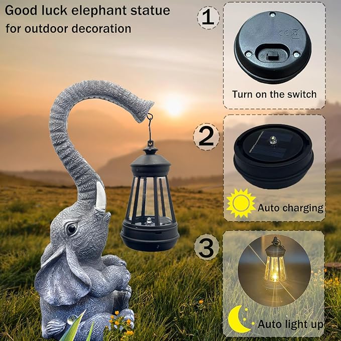 10.6 Inch Statue Elephant with Solar Outdoor Lights for Garden Decor，Lucky Present with Appeal for Birthdays(Man and Women and Family)，Unique Housewarming Presents and Yard Decor. (Gray)-CasaMuseHome