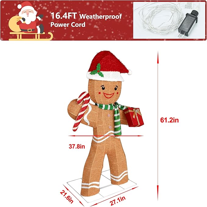 5FT Gingerbread Man with Candy Cane and Gift Box Decoration, 2.5D Pre-Lit Gingerbread Man Decor with 120 LED Lights for Christmas, Freestanding Glittered Holiday Display for Outdoor, Indoor-CasaMuseHome