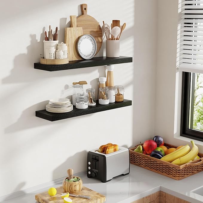 30 Inch Floating Shelves, 8 Inch Deep Floating Shelves for Wall, Hanging Shelf with Invisible Brackets, Deep Shelves for Bathroom, Bedroom, Living Room, Black, Set of 2-CasaMuseHome