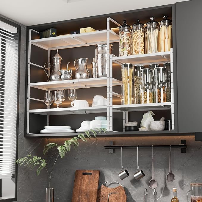 16.5~27.1" Expandable Shelf Organizer, 1Pack 10.2" Wide Stackable Cabinet Shelf Organizers, White Metal Sturdy Kitchen Counter Storage for Countertop, Adjustable Height Spice Rack-CasaMuseHome