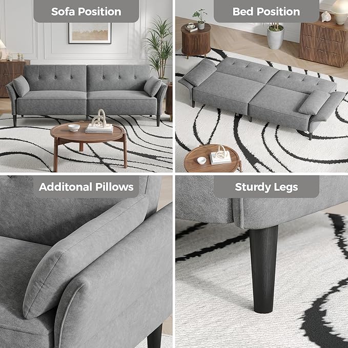 89” Futon Sofa Bed, Comfy Futon Couch Bed with 2 Square Pillows, Convertible Sleeper Sofa with Adjustable Backrest& Armrests, Modern Loveseat Sleeper for Living Room, Bedroom, Light Gray-CasaMuseHome