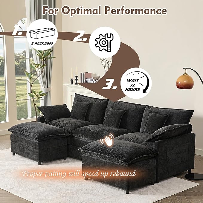 108" U Shaped Couch, Modular Sectional Sofa, 3-Seater Comfy Cloud Couch with Movable Ottoman, Deep Seat Couches for Living Room, Chenille, Black-CasaMuseHome