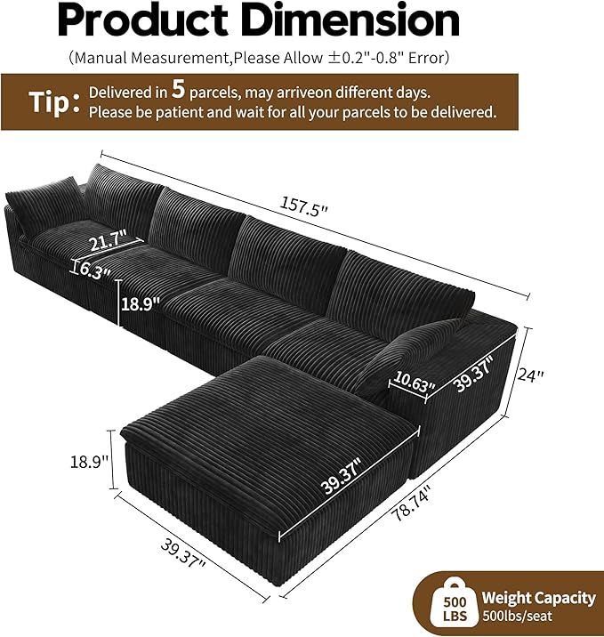 157.5" L Shaped Modern Sofa Modular Sectional Cloud Couch with Ottoman,Deep Seat Upholstered Couches with Corduroy Fabric for Living Room Furniture,Bedroom and Apartment,No Assembly Required,Black-CasaMuseHome