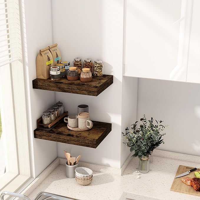 12 Inch Deep Floating Shelves, 16 x 12 Floating Shelf for Books, Rustic Wood Deep Wall Shelves for Home Storage & Display, 2" Thicked Shelves for Kitchen, Living Room, Bedroom, Rustic Brown, 2 Pack-CasaMuseHome