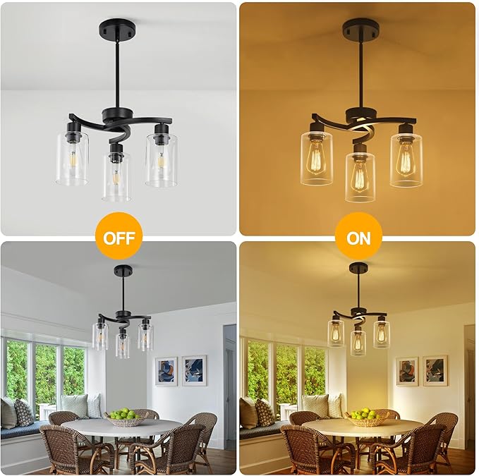 3-Light Modern Farmhouse Black Pendant Lights Kitchen Island, Adjustable Height Contemporary Chandeliers for Dining Room Light Fixture Hanging, Clear Glass Shade-CasaMuseHome