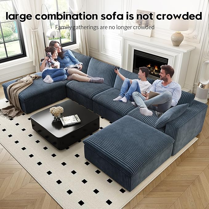 157.5" Cloud Couch Oversized Modular Sectional Sofa for Living Room,Modern Sofa with Deep Seat，U-Shape Boneless Couch with 2 Ottoman,Comfy Upholstered Couches for Apartment, Studio, Office,Blue-CasaMuseHome