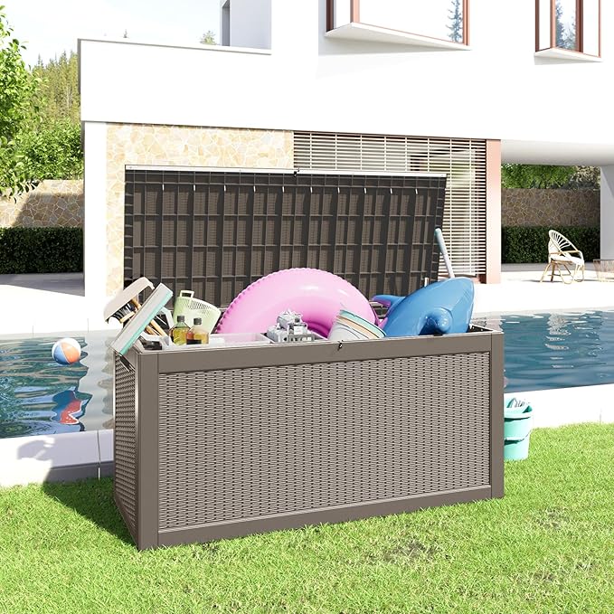 260 Gallon Resin Deck Box, Lockable Patio Outdoor Storage Box for Furniture, Garden Tools and Tools Storage, Waterproof Outside Storage Boxes - Grey-CasaMuseHome