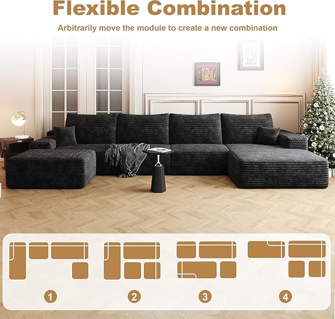 136" Sectional Couches for Living Room Modern Modular Sofa with L-Shape Couchs Upholstered Boneless Couch Deep Seat Sectional Couch with Chaise (Black, Right Facing Chaise+3Seaters+Ottoman)-CasaMuseHome