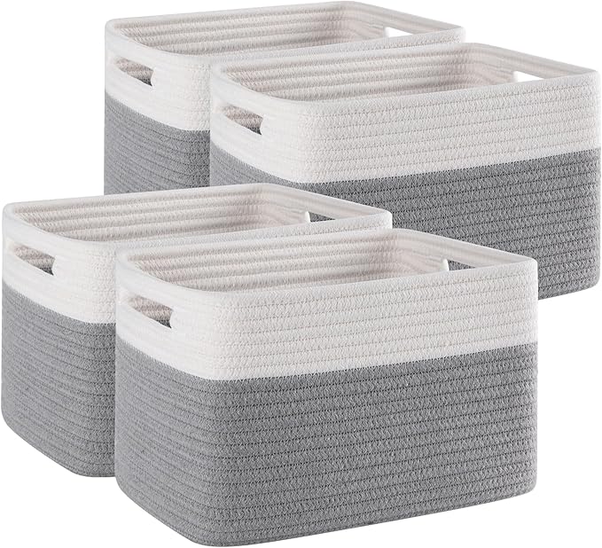 4 Pack Storage Baskets for Organizing, Woven Baskets for Shelves - Perfect for Toys, Books, Towels, and Clothes, Durable Gift Basket Bins Toy Storage, 12.7''L x9''W x7.8''H, Grey and White-CasaMuseHome
