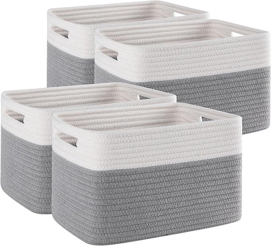 4 Pack Storage Baskets for Organizing, Woven Baskets for Shelves - Perfect for Toys, Books, Towels, and Clothes, Durable Gift Basket Bins Toy Storage, 12.7''L x9''W x7.8''H, Grey and White-CasaMuseHome