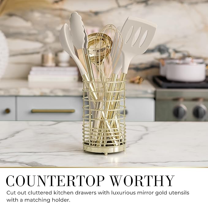 7-Piece Beige & Gold Kitchen Utensils Set – Non-Toxic Silicone & Stainless Steel Tools for Cooking, Serving, & Hosting – Ideal for Nonstick Cookware & Modern Kitchens, with Gold Utensil Holder-CasaMuseHome